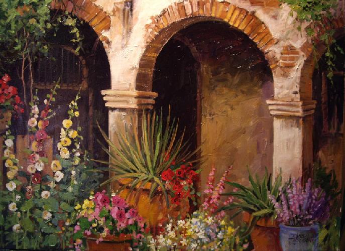 hollyhocks-and-arches-30x40 hollyhocks-and-arches-30x40