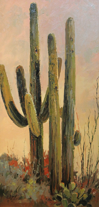 Three Saguaros, 30 x 14 oil